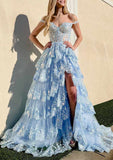 A-Line Sweetheart Sleeveless Long Tulle Prom Dress with Ruffles Sequins and Splits-27dress