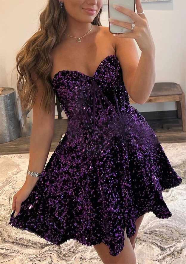 A-line Sweetheart Sleeveless Mini Velvet Sequins Homecoming Dress with Pockets-27dress