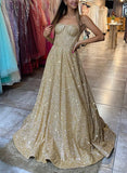 A-Line Sweetheart Sleeveless Sequined Prom Dress with Sweep Train-27dress