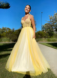 A-Line Sweetheart Sleeveless Sweep Train Tulle Prom Dresses-27dress