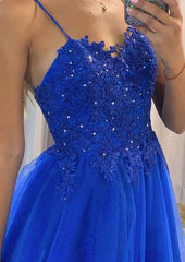 A-line Sweetheart Spaghetti Straps Long Prom Dress with Beaded Appliques-27dress