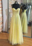 A-line Sweetheart Spaghetti Straps Long/Floor-Length Tulle Prom Dress With Pleated Glitter-27dress