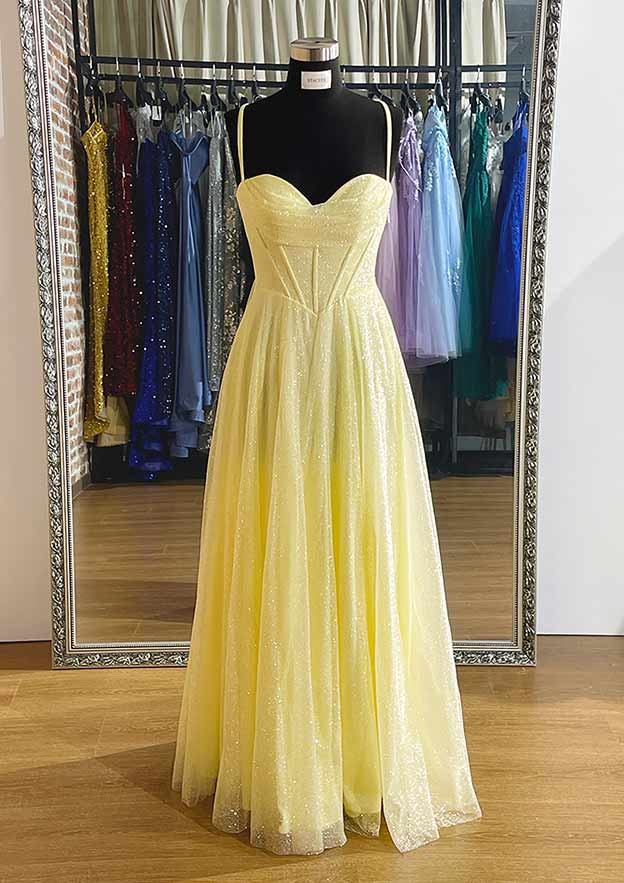 A-line Sweetheart Spaghetti Straps Long/Floor-Length Tulle Prom Dress With Pleated Glitter-27dress