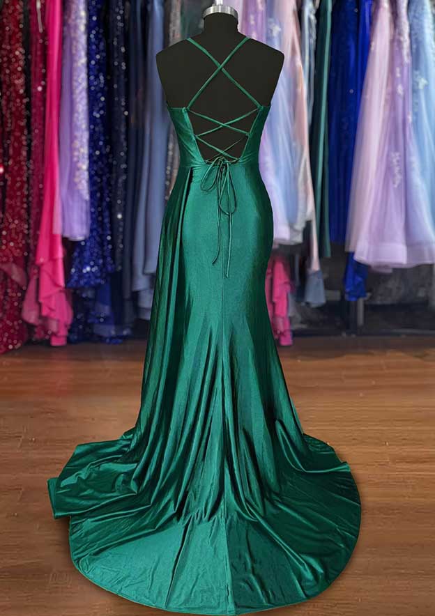 A-line Sweetheart Spaghetti Straps Prom Dress in Silk-like Satin with Sweep Train and Ruched Detailing-27dress