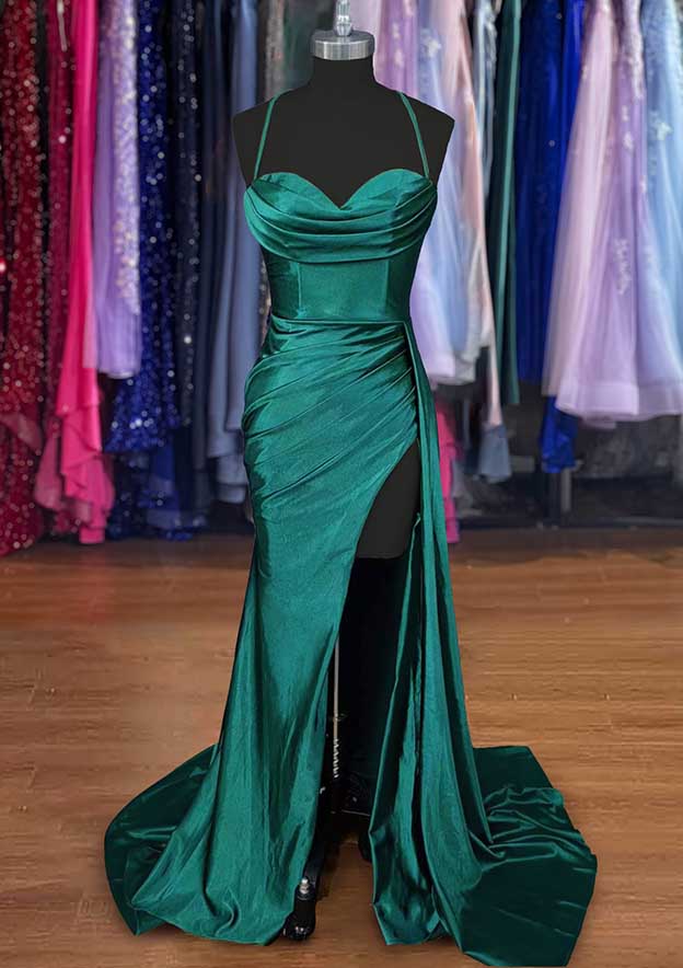 A-line Sweetheart Spaghetti Straps Prom Dress in Silk-like Satin with Sweep Train and Ruched Detailing-27dress