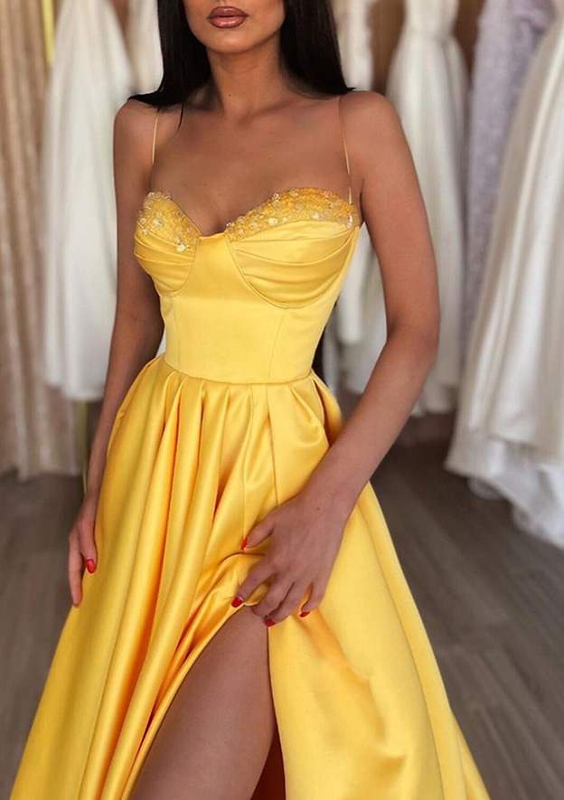 A-Line Sweetheart Spaghetti Straps Satin Prom Dress With Beading Pleated Split-27dress