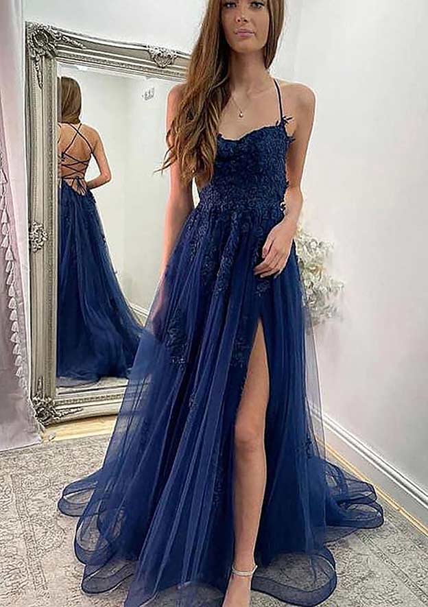 A-line Sweetheart Spaghetti Straps Sweep Train Tulle Prom Dress With Appliqued Split-27dress