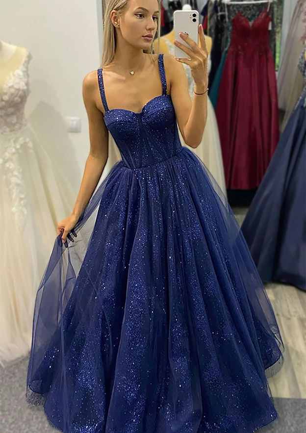 A-Line Sweetheart Spaghetti Straps Tulle Glitter Prom Dress-27dress