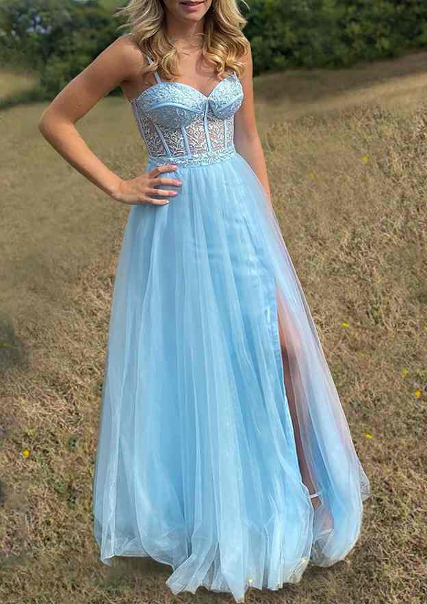 A-Line Sweetheart Spaghetti Straps Tulle Prom Dress with Split Appliqu¨¦-27dress