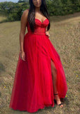 A-Line Sweetheart Spaghetti Straps Tulle Prom Dress with Split Appliqu¨¦-27dress