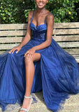 A-Line Sweetheart Spaghetti Straps Tulle Prom Dress with Split Appliqu¨¦-27dress