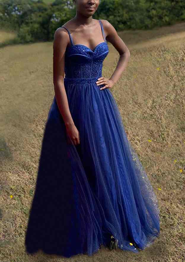 A-Line Sweetheart Spaghetti Straps Tulle Prom Dress with Split Appliqu¨¦-27dress