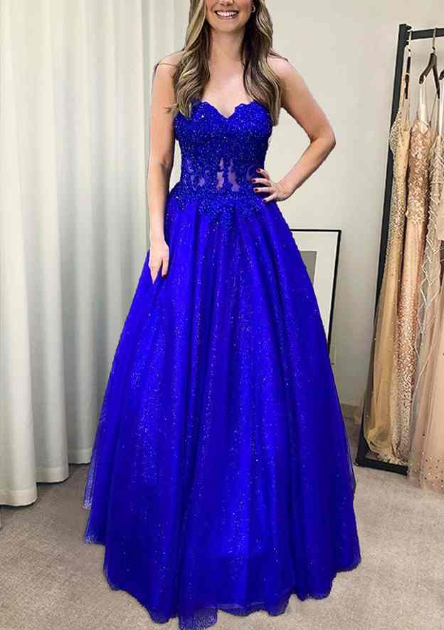 A-Line Sweetheart Strapless Glitter Appliqued Tulle Prom Dress-27dress