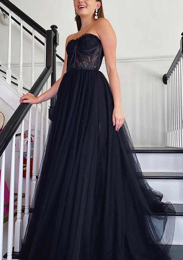 A-Line Sweetheart Strapless Tulle Prom Dress With Appliqued Detail-27dress