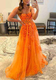 A-line Sweetheart Strapless Tulle Prom Dress With Appliqued for Long/Floor-Length Look-27dress