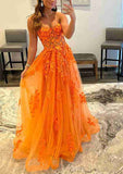 A-line Sweetheart Strapless Tulle Prom Dress With Appliqued for Long/Floor-Length Look-27dress