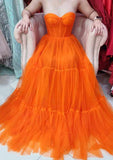 A-line Sweetheart Strapless Tulle Prom Dress with Pleated Sweep Train-27dress