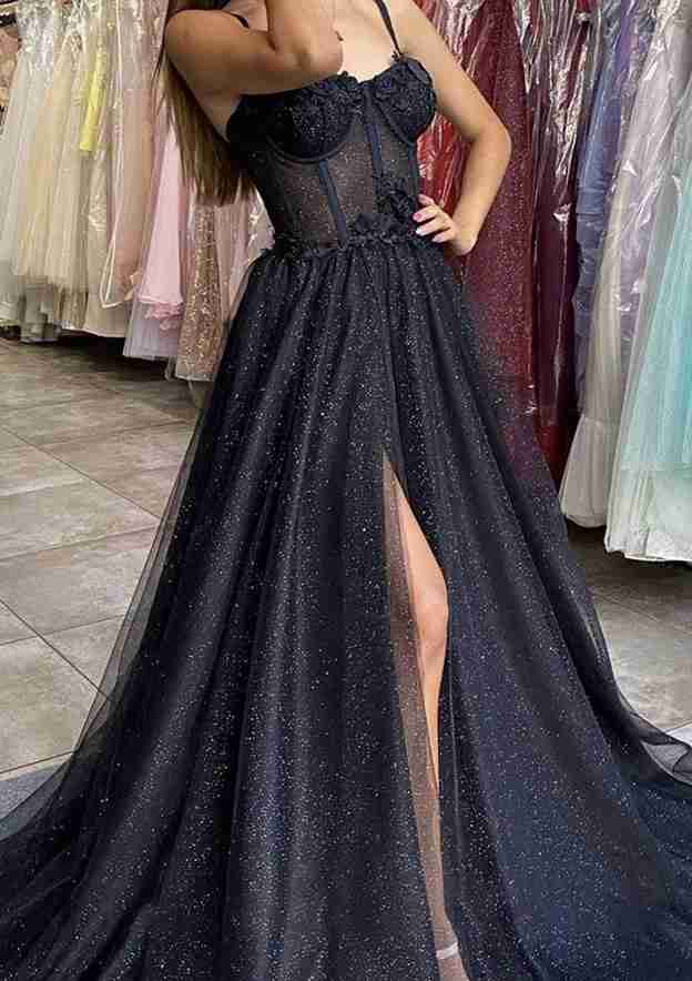 A-line Sweetheart Straps Glitter Prom Dress With Appliqued-27dress