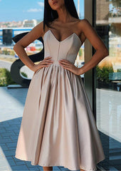 A-line Sweetheart Tea-Length Satin Homecoming Dress With Ruffles - 27Dress