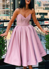 A-line Sweetheart Tea-Length Satin Homecoming Dress With Ruffles - 27Dress