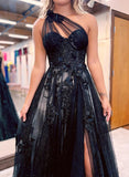 A-Line Sweetheart Tulle Prom Dress With Appliques Lace and Sweep Train-27dress