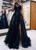 A-Line Sweetheart Tulle Prom Dress With Appliques Lace and Sweep Train-27dress