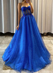 A-line Sweetheart Tulle Sleeveless Sweep Train Prom Dress-27dress