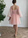 A-Line Sweetheart Tulle Spaghetti Straps Long Sleeves Ruffled Short Dresses-27dress