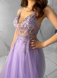 A-Line Tulle Lace Long Prom Dress with Split Front-27dress