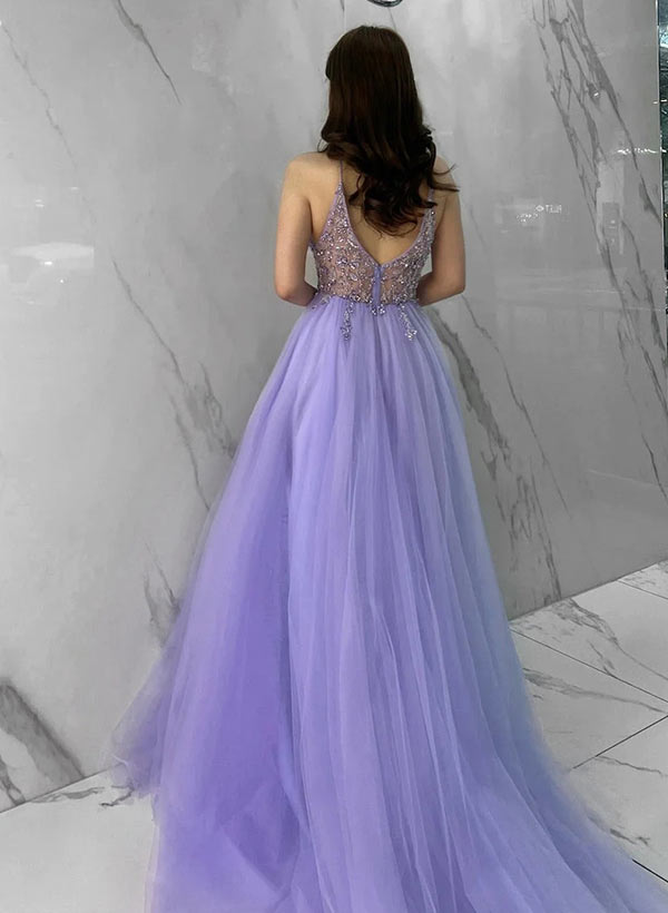 A-Line Tulle Lace Long Prom Dress with Split Front-27dress