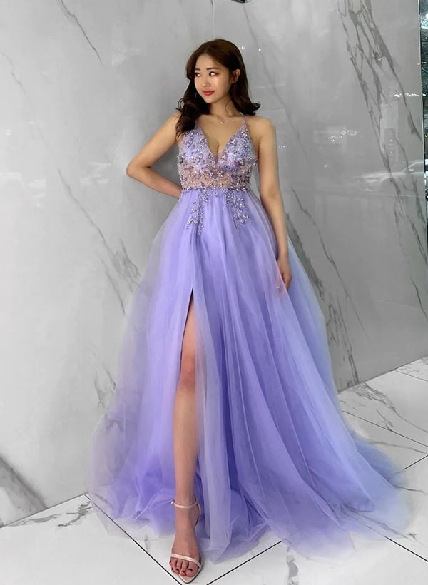 A-Line Tulle Lace Long Prom Dress with Split Front-27dress