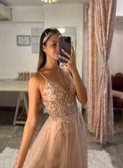 A-Line Tulle Long Prom Dress With Appliques Lace-27dress