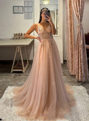 A-Line Tulle Long Prom Dress With Appliques Lace-27dress