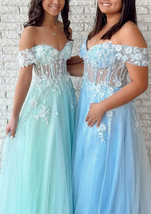 A-Line Tulle Prom Dress with Lace Appliqu¨¦ - Off-the-Shoulder Long/Floor-Length-27dress