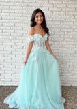 A-Line Tulle Prom Dress with Lace Appliqu¨¦ - Off-the-Shoulder Long/Floor-Length-27dress