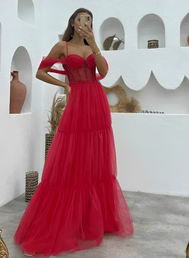 A-Line Tulle Spaghetti Straps Long Prom Dress-27dress