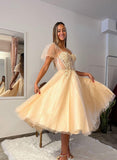 A-Line Tulle Tea Length Prom Dress With Appliques Lace-27dress