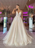 A-Line Tulle V-Neck Long Prom Dress With Appliques Lace-27dress