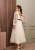 A-line Tulle V-Neck Tea Length Wedding Dress with Long Sleeves-27dress