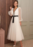 A-line Tulle V-Neck Tea Length Wedding Dress with Long Sleeves-27dress