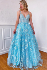 A-line V-Neck Appliques Lace Tulle Backless Long Prom Dress-27dress