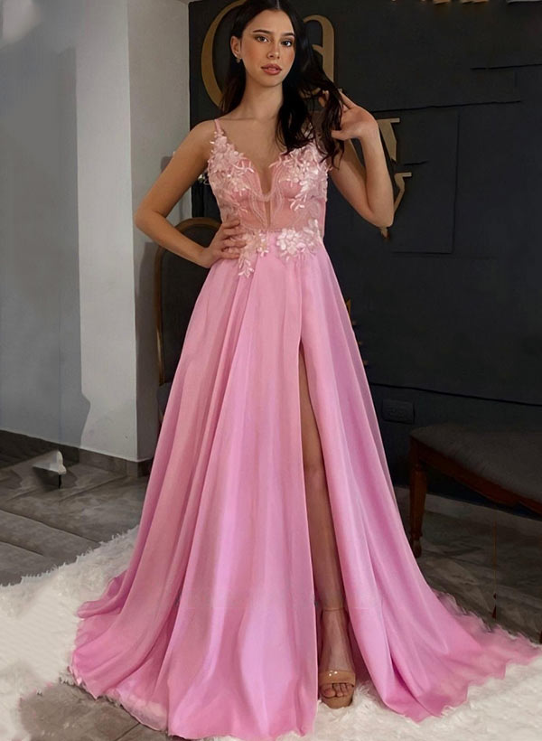 A-line V-Neck Chiffon Long Prom Dress with Appliques Lace-27dress