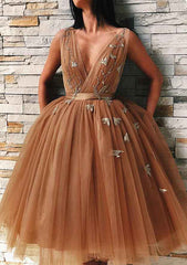 A-Line V Neck Embroidered Tulle Homecoming Dress - 27Dress