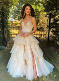 A-Line V-Neck Floor-Length Prom Dress with Tulle Ruffle-27dress