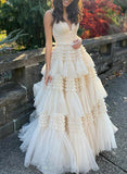 A-Line V-Neck Floor-Length Prom Dress with Tulle Ruffle-27dress