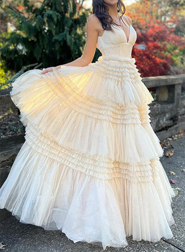A-Line V-Neck Floor-Length Prom Dress with Tulle Ruffle-27dress