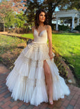 A-Line V-Neck Floor-Length Prom Dress with Tulle Ruffle-27dress