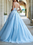 A-Line V-Neck Floor-Length Tulle Blue Prom Dress with Sequins-27dress