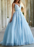 A-Line V-Neck Floor-Length Tulle Blue Prom Dress with Sequins-27dress