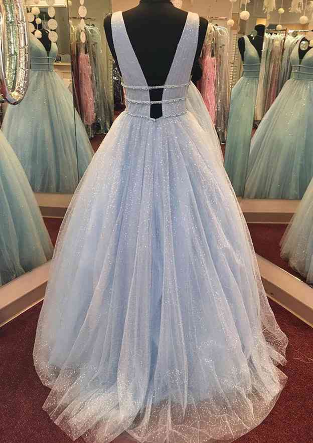 A-line V Neck GlitterProm Dress with Beading and Long Floor-Length Tulle-27dress